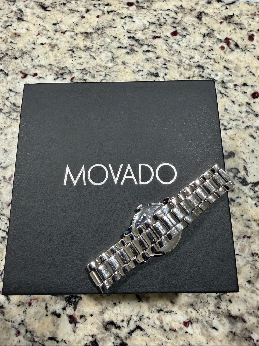 Movado Silver Bracelet Watch with Black Dial